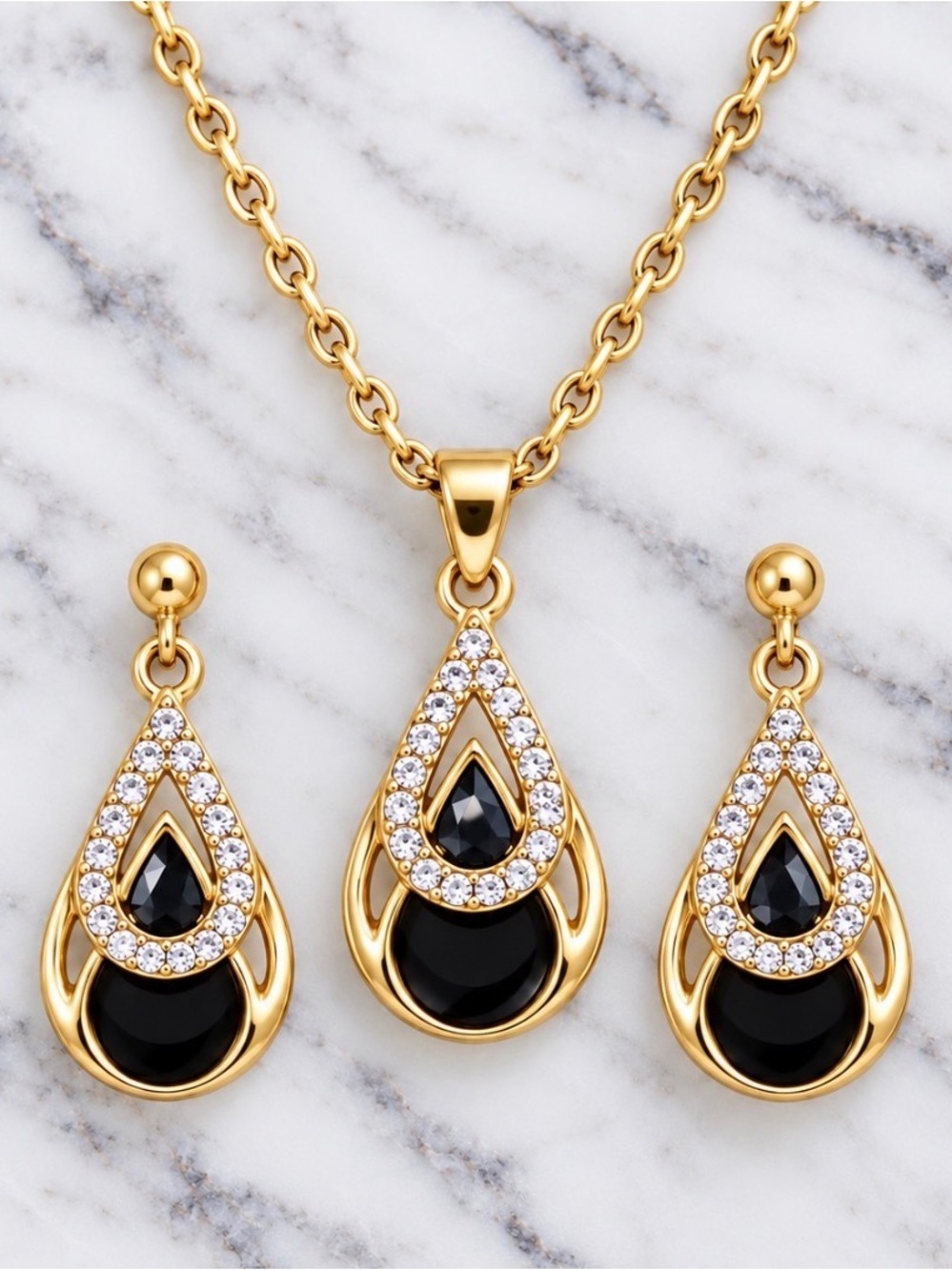 Gold-Tone Teardrop Necklace & Earring Set with Clear Stones